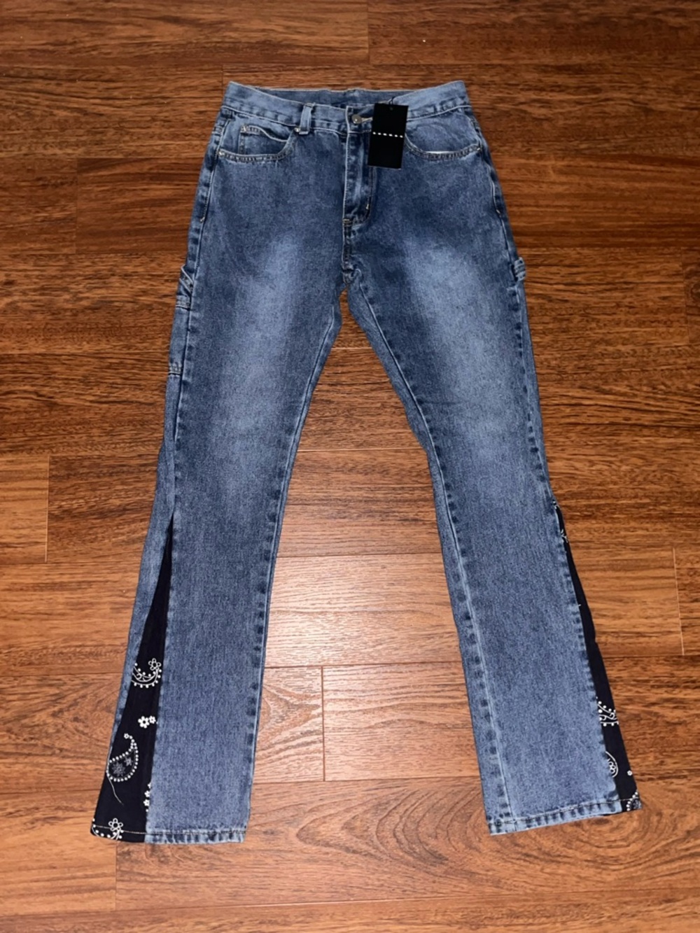 Blue Denim Jeans with Black Bandana Side Insets
